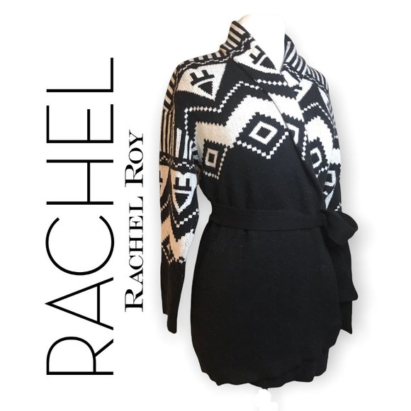 RACHEL Rachel Roy Sweaters - RACHEL ROY BLACK WHITE WOOL Belted CARDIGAN Sweater